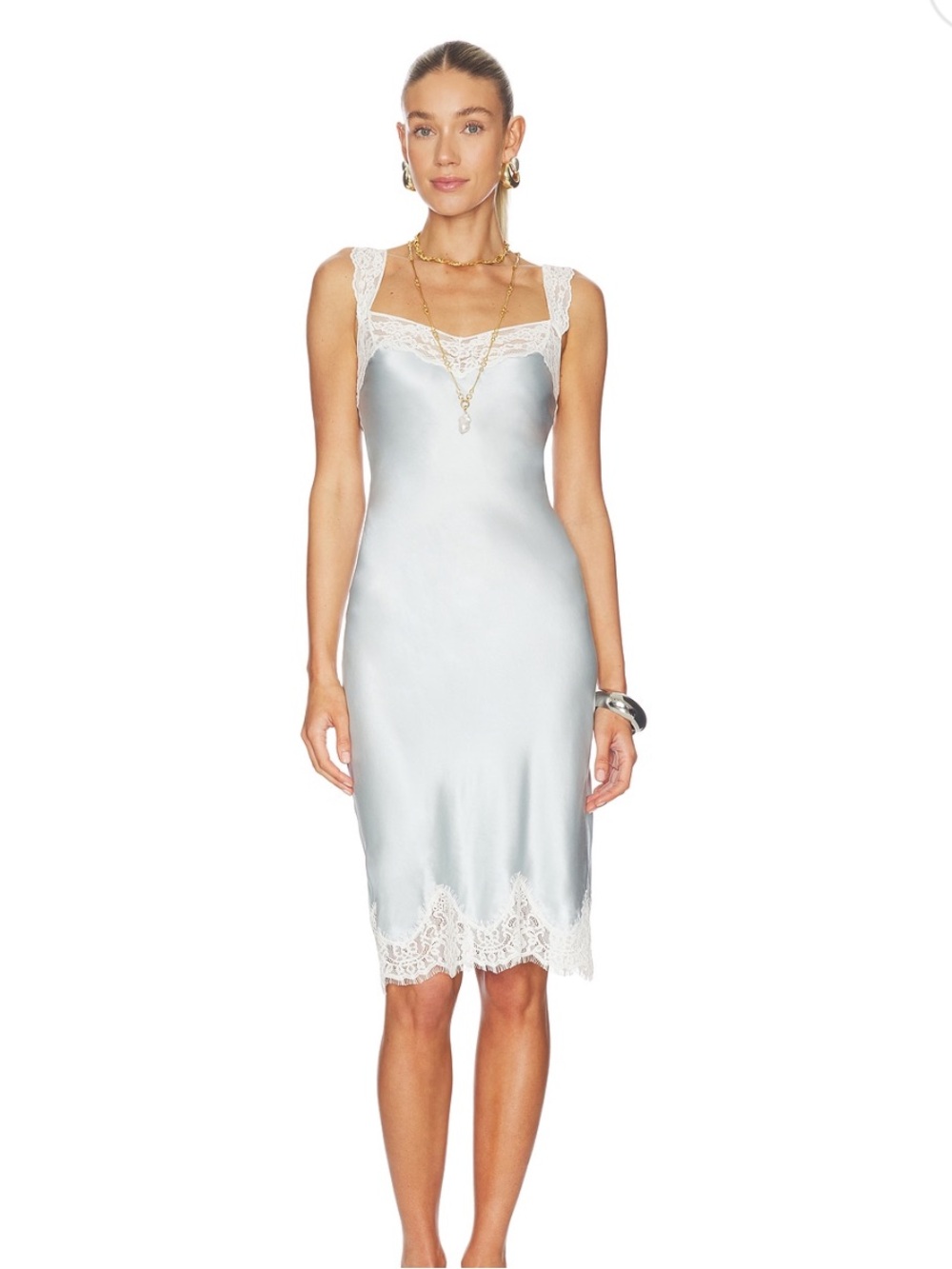Tularosa Light Blue Satin Midi Slip Dress with White Lace Trim